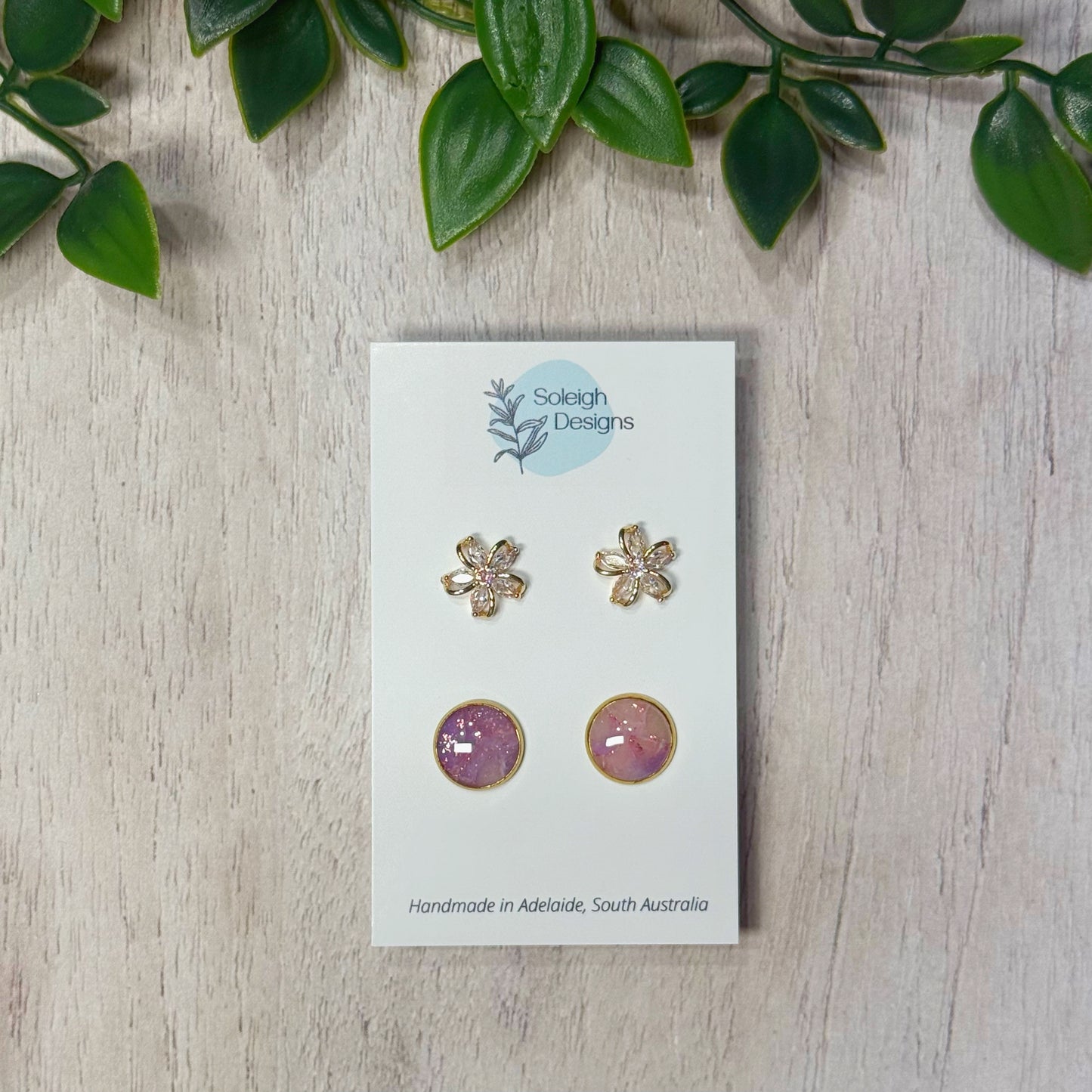 Gold Flower and Purple Marble Studs