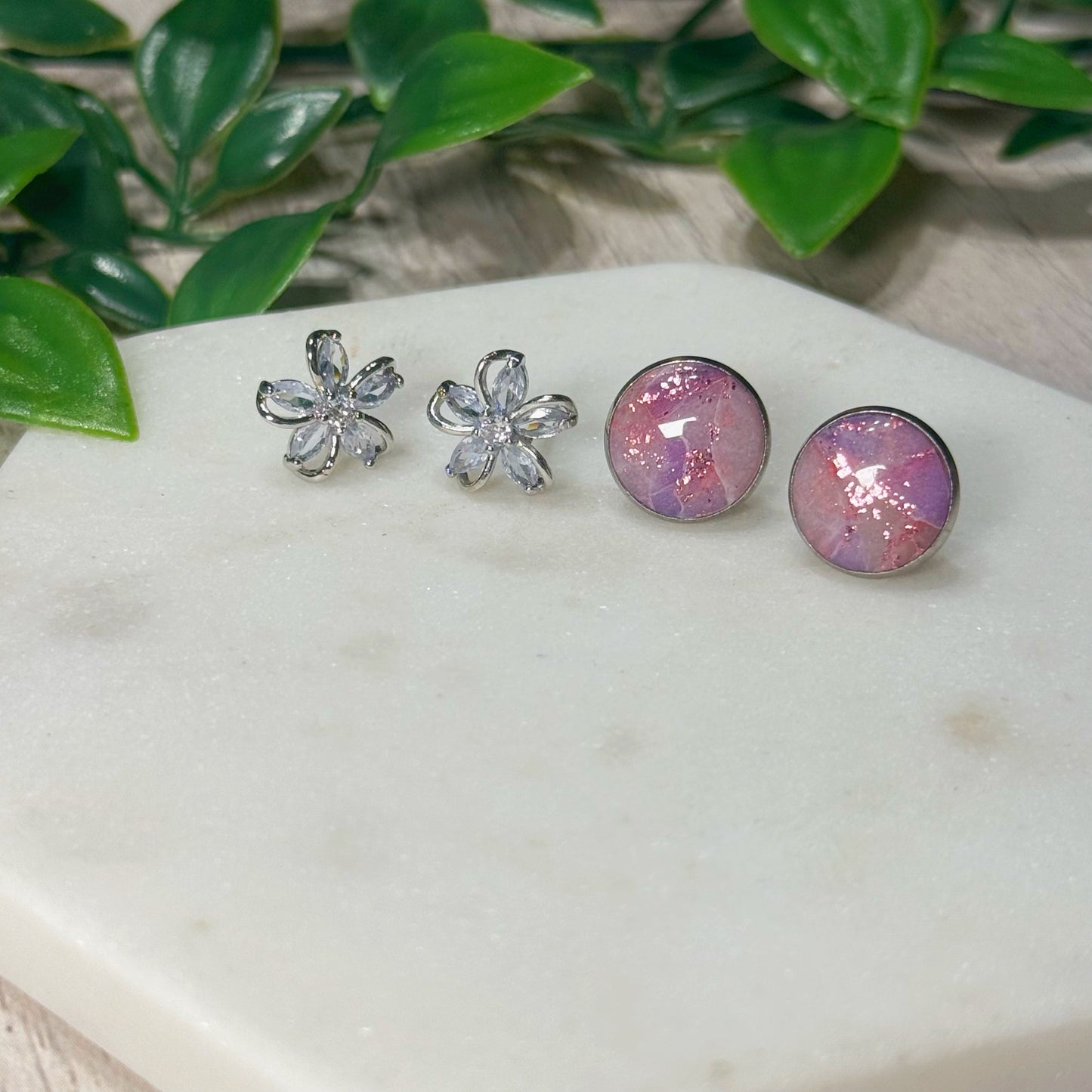 Silver Flower and Purple Marble Studs