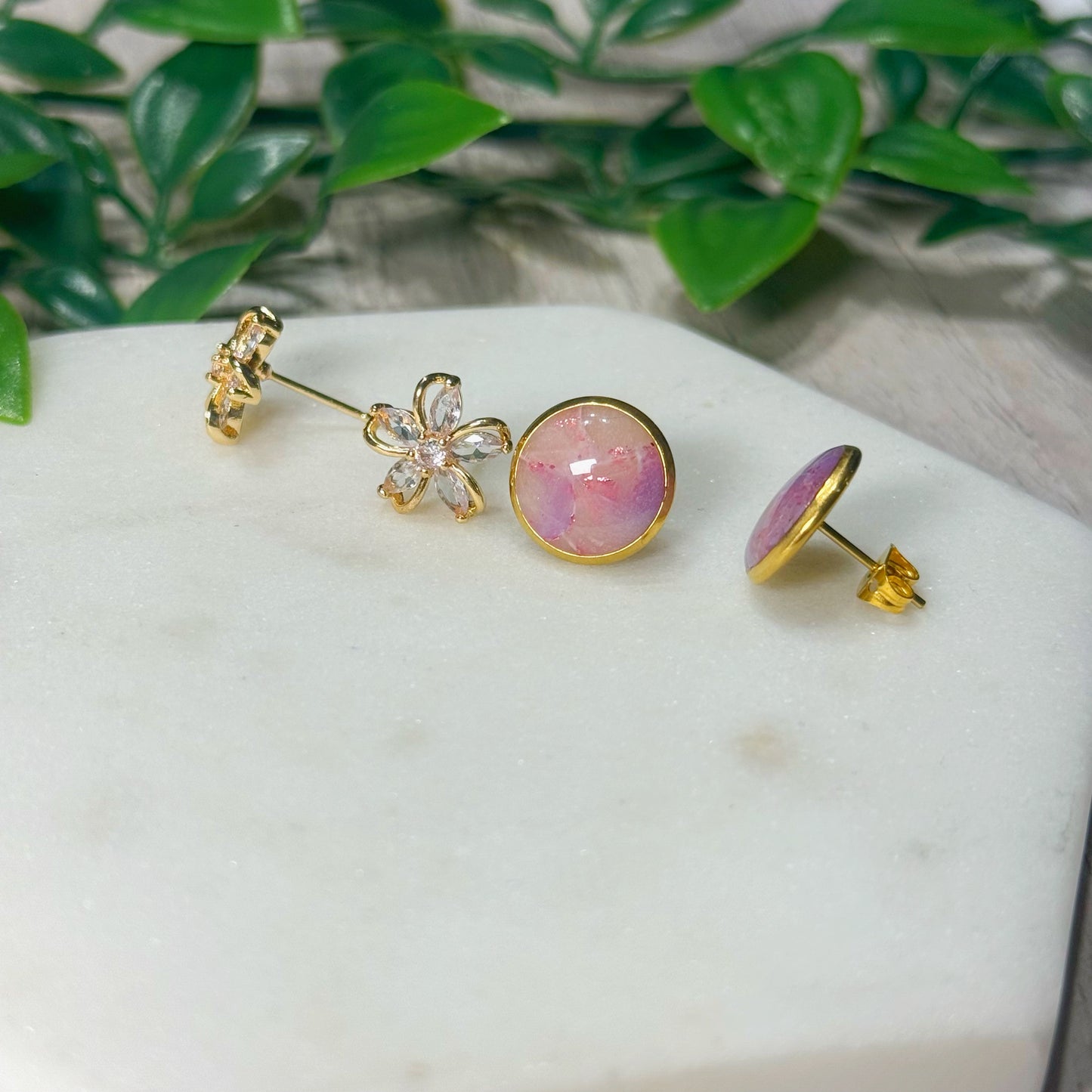 Gold Flower and Purple Marble Studs