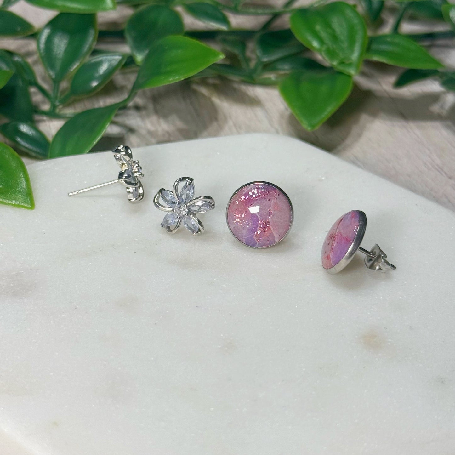 Silver Flower and Purple Marble Studs