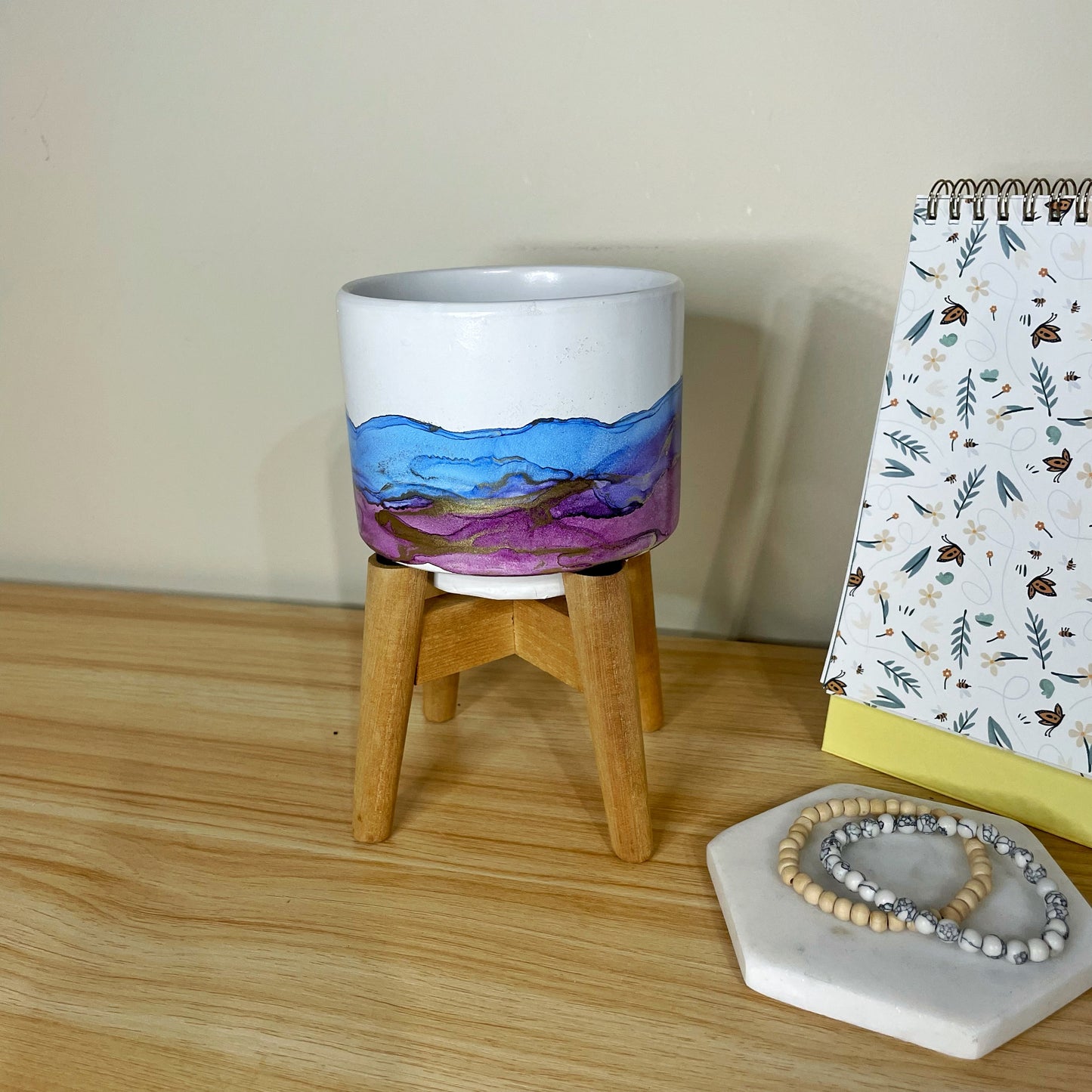 Blue and Purple Ceramic Plant Pot w Stand
