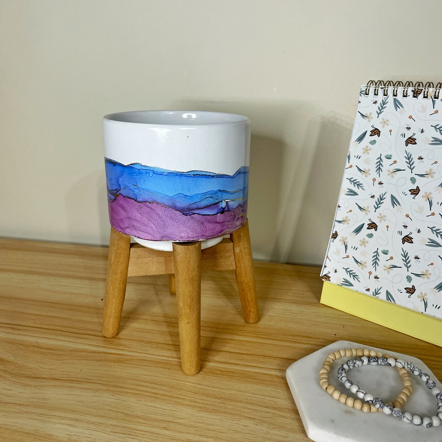 Blue and Purple Ceramic Plant Pot w Stand