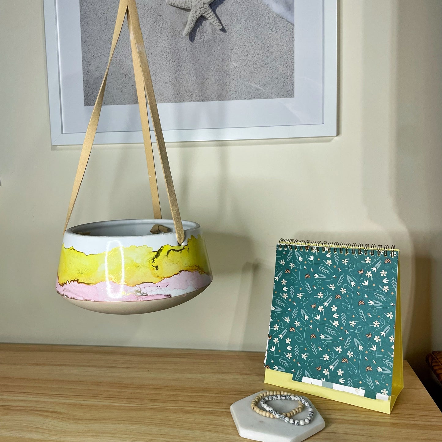 Yellow and Pink Hanging Ceramic Pot (flat)