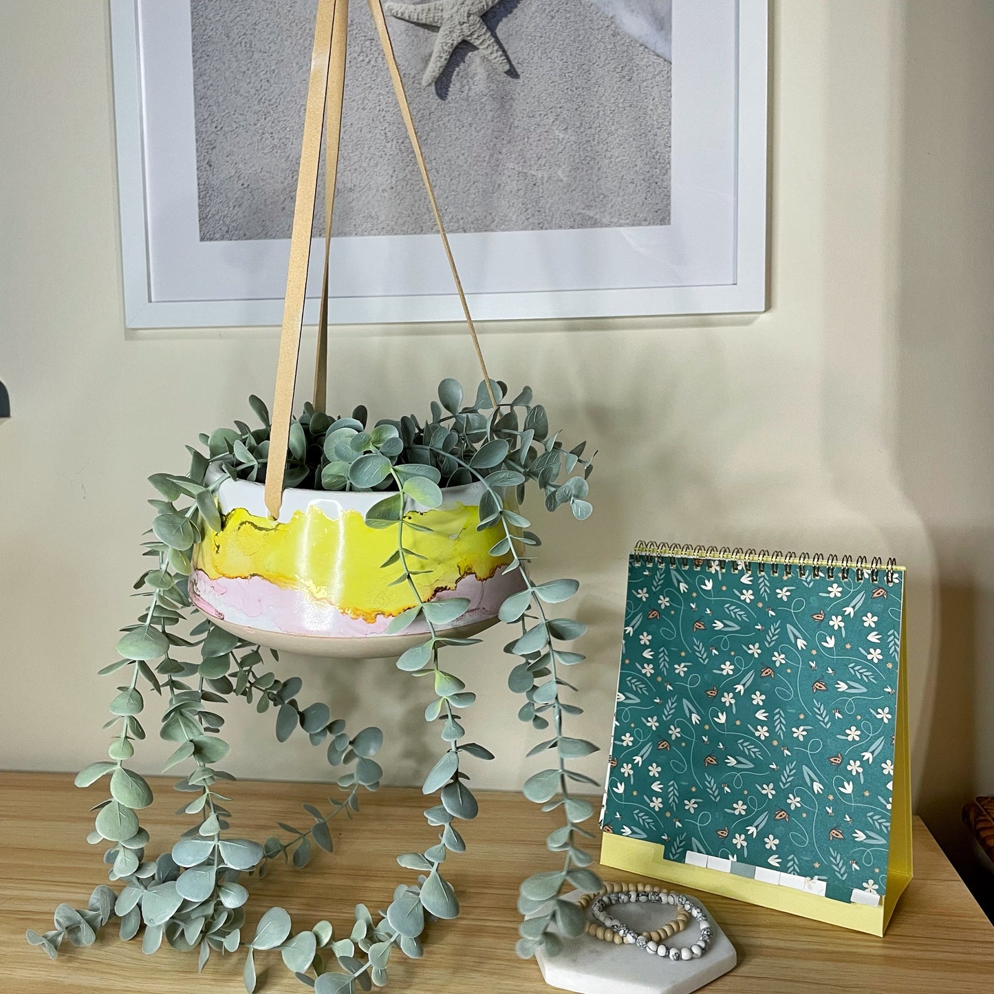 Yellow and Pink Hanging Ceramic Pot (flat)