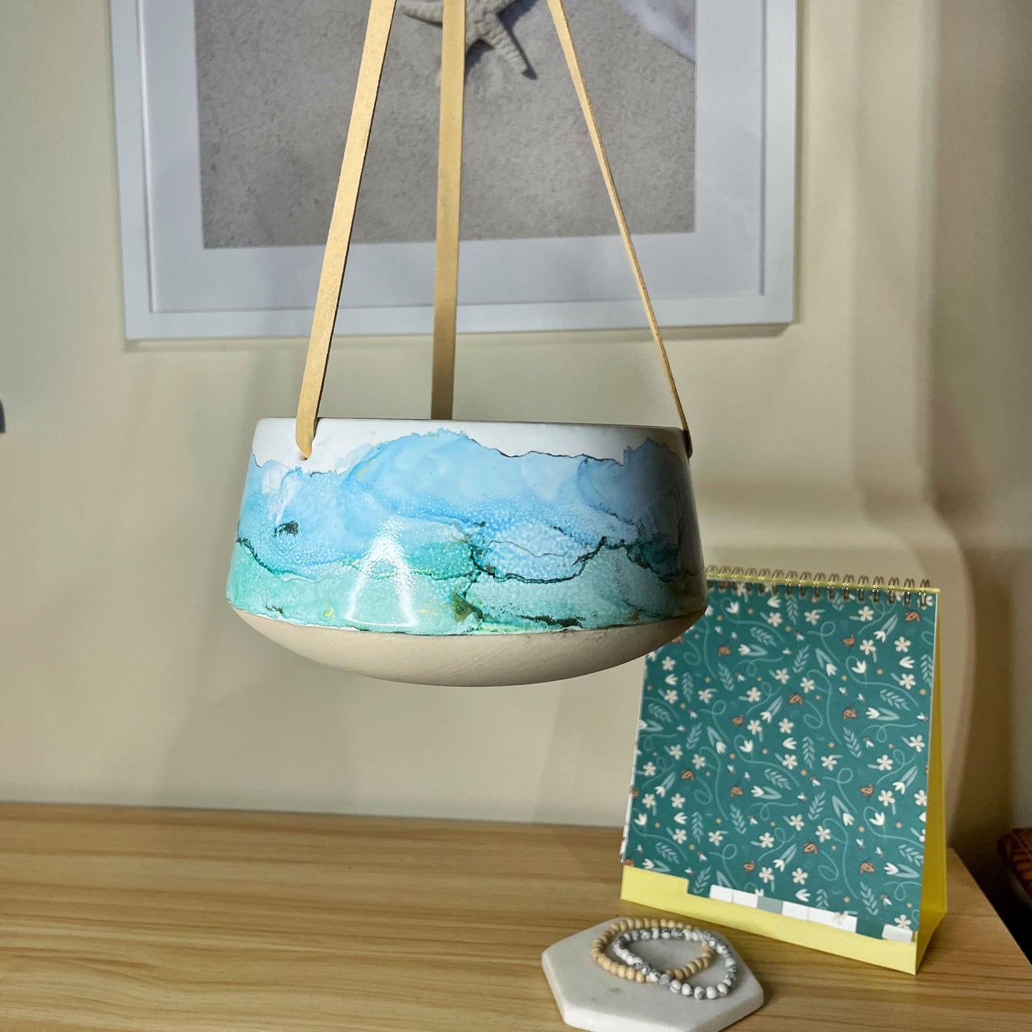 Blue and Green Hanging Ceramic Pot (flat)