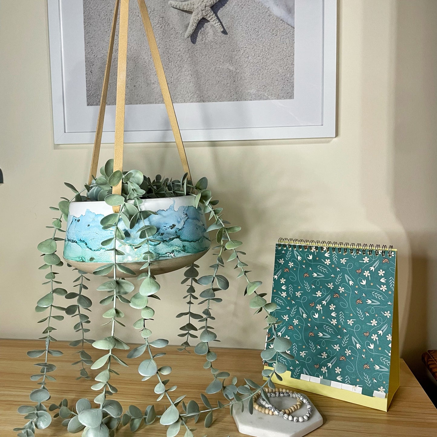 Blue and Green Hanging Ceramic Pot (flat)