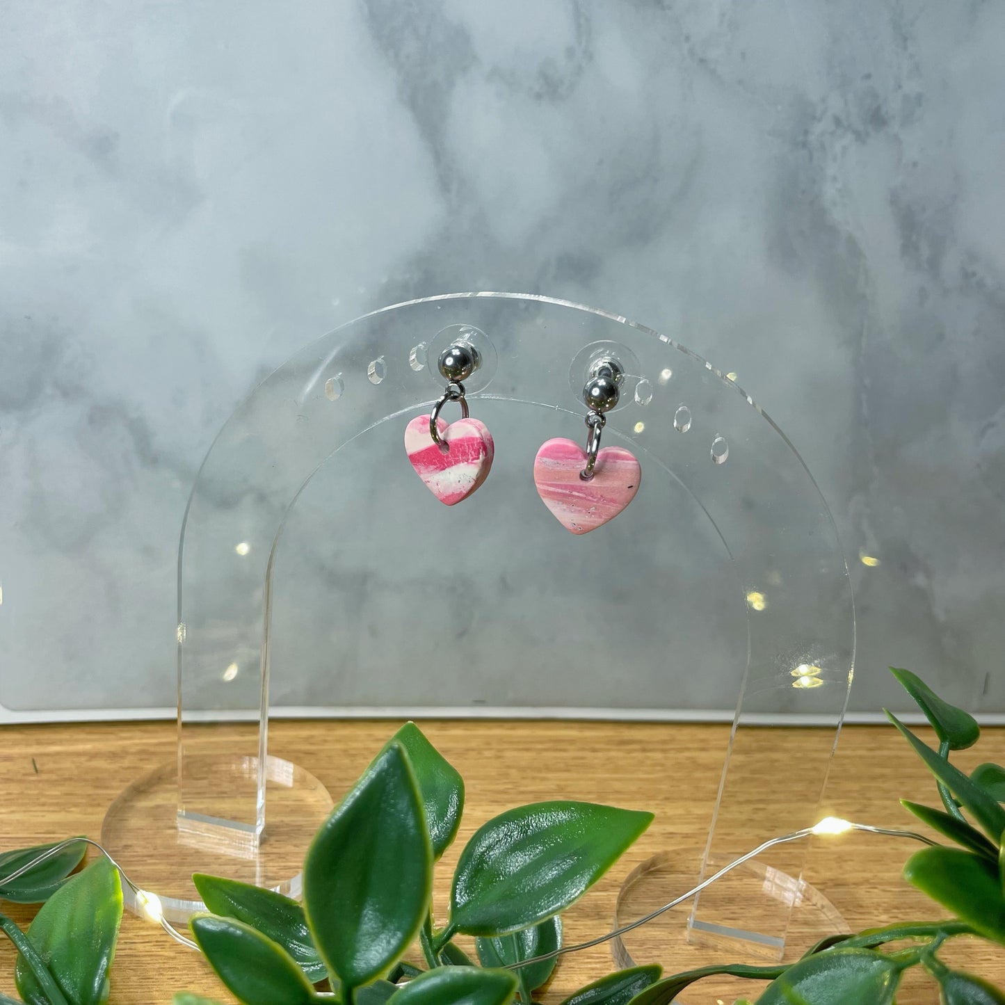 Pink Marbled Heart Small Dangles