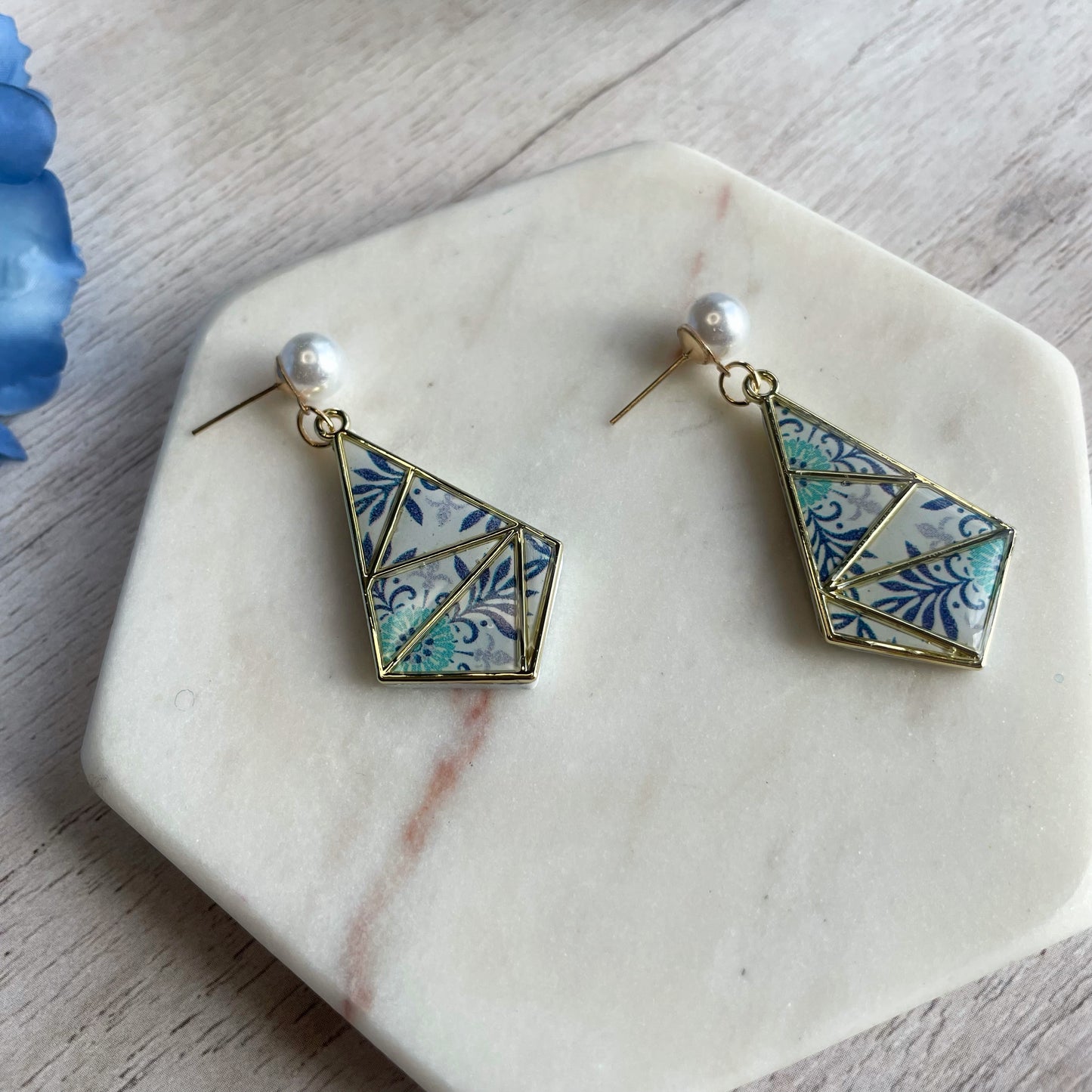 Blue Floral Diamond Dangles