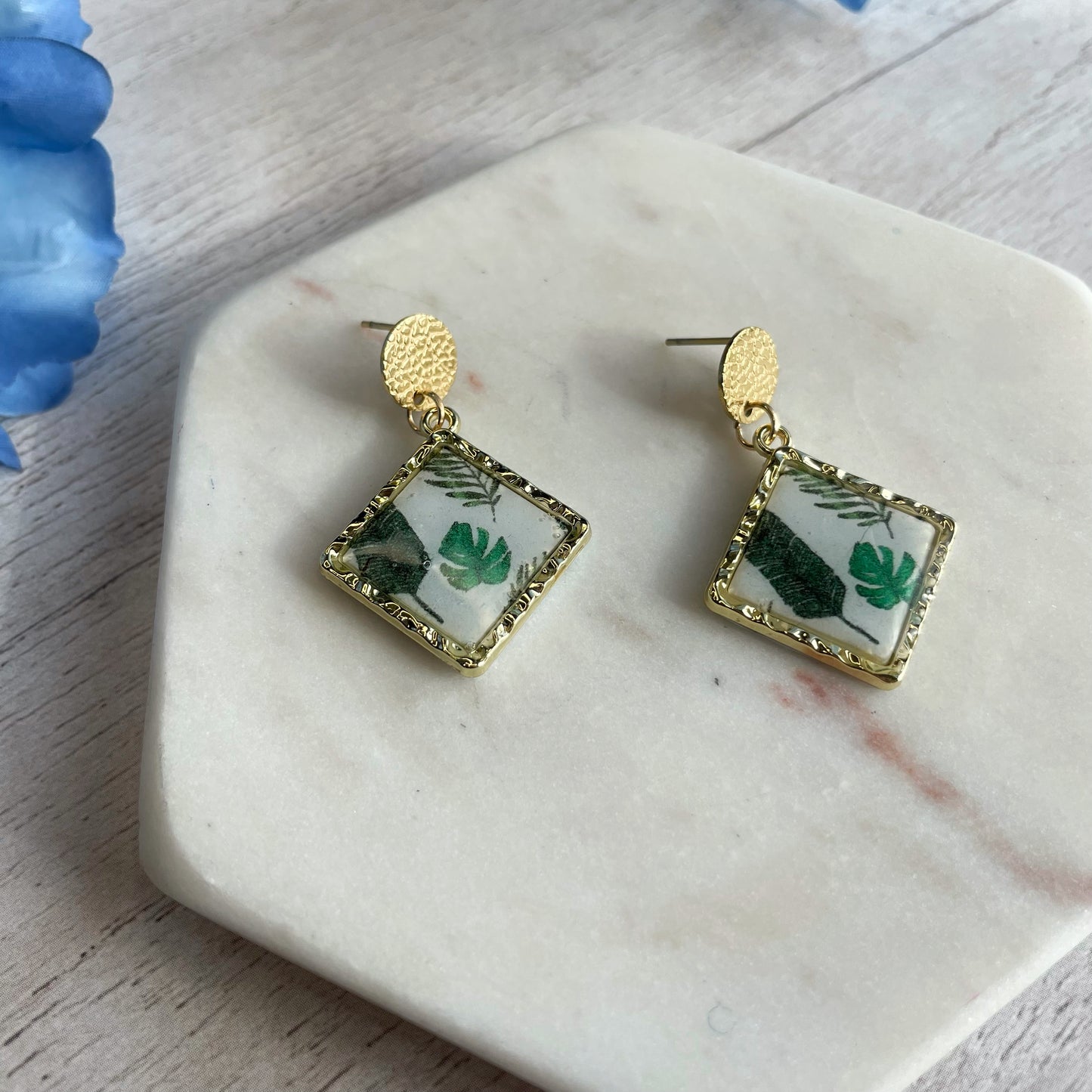 Gold Framed Leaves Earrings