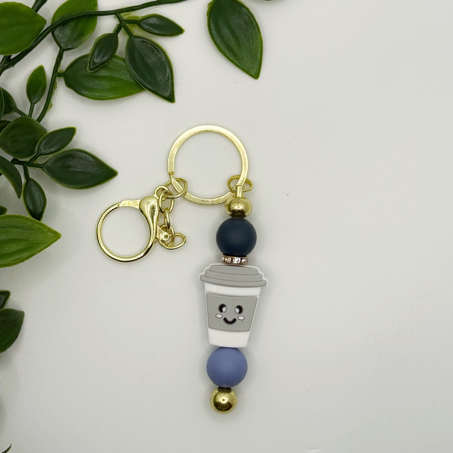 Grey Coffee Keyring - Gold Hardware