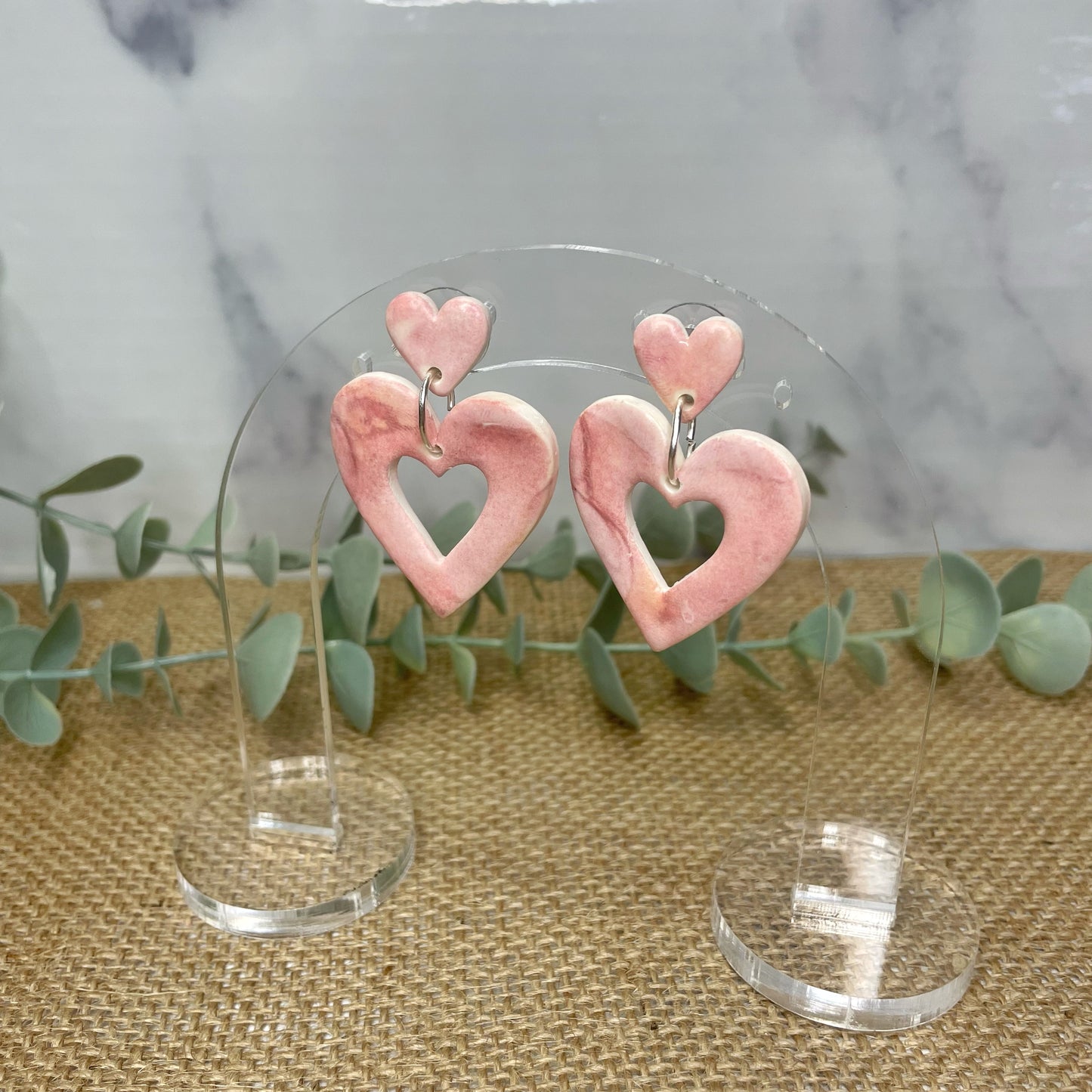Pink Heart Marble Dangles
