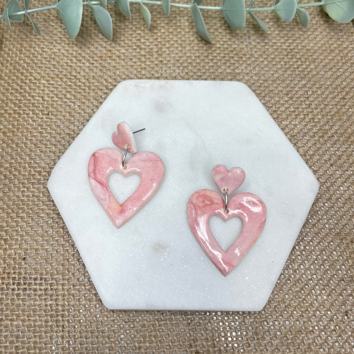 Pink Heart Marble Dangles