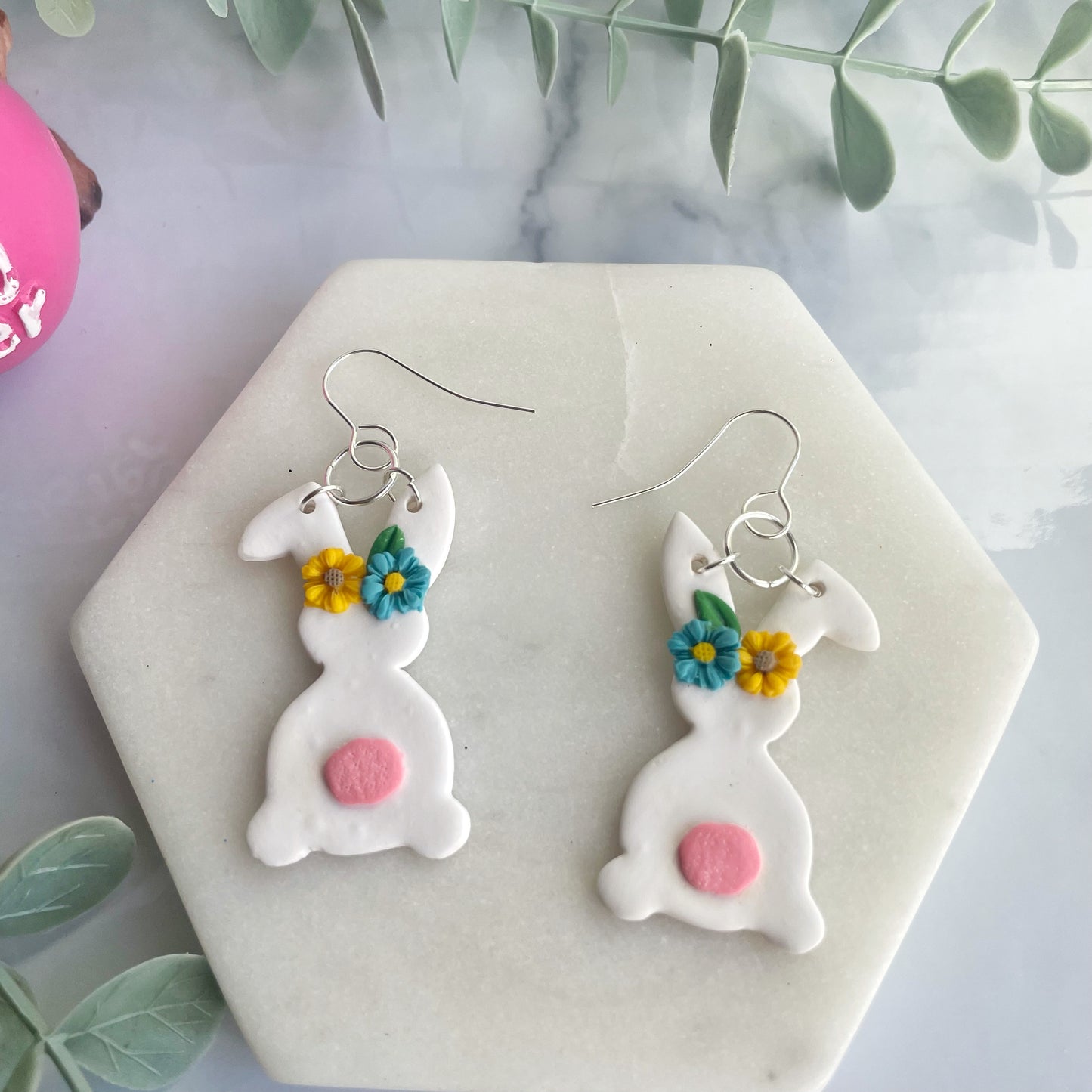 White Floral Rabbit Dangles