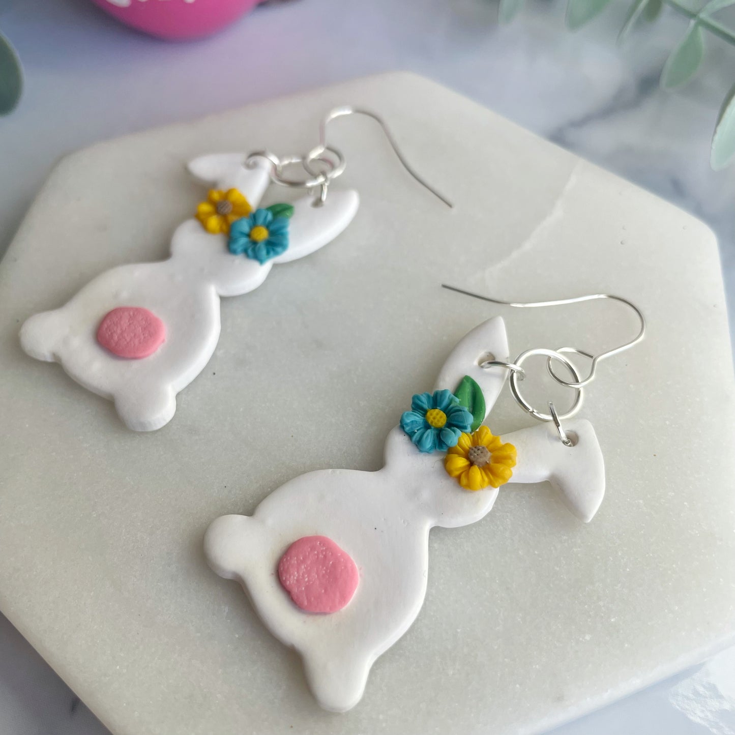 White Floral Rabbit Dangles
