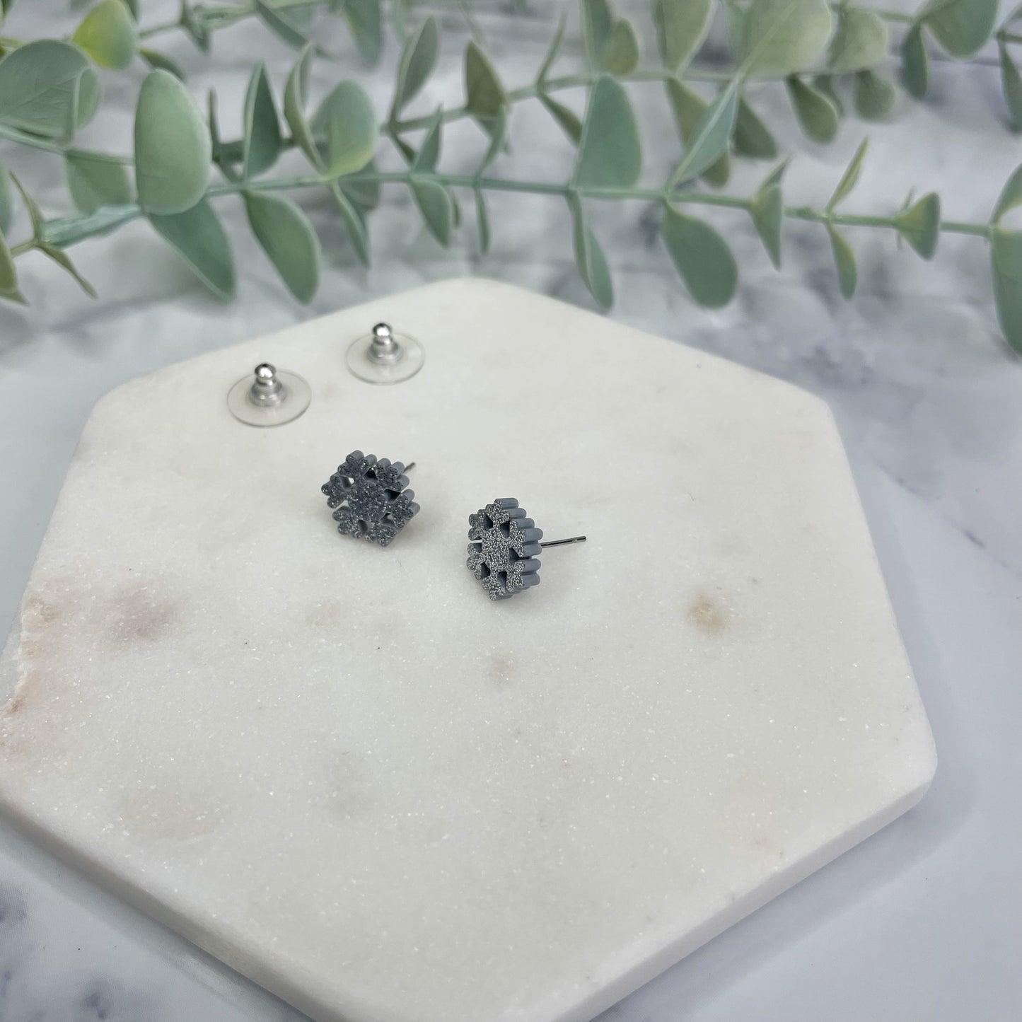 Silver Glitter Snowflake Studs