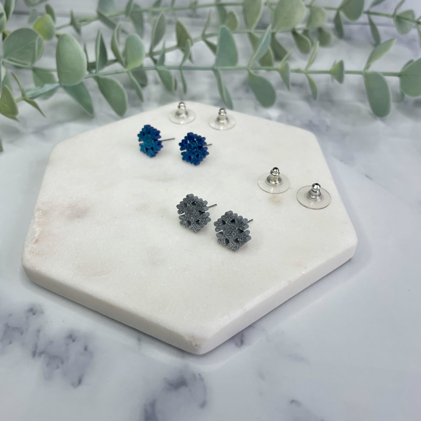 Blue and Silver Glitter Snowflake Studs