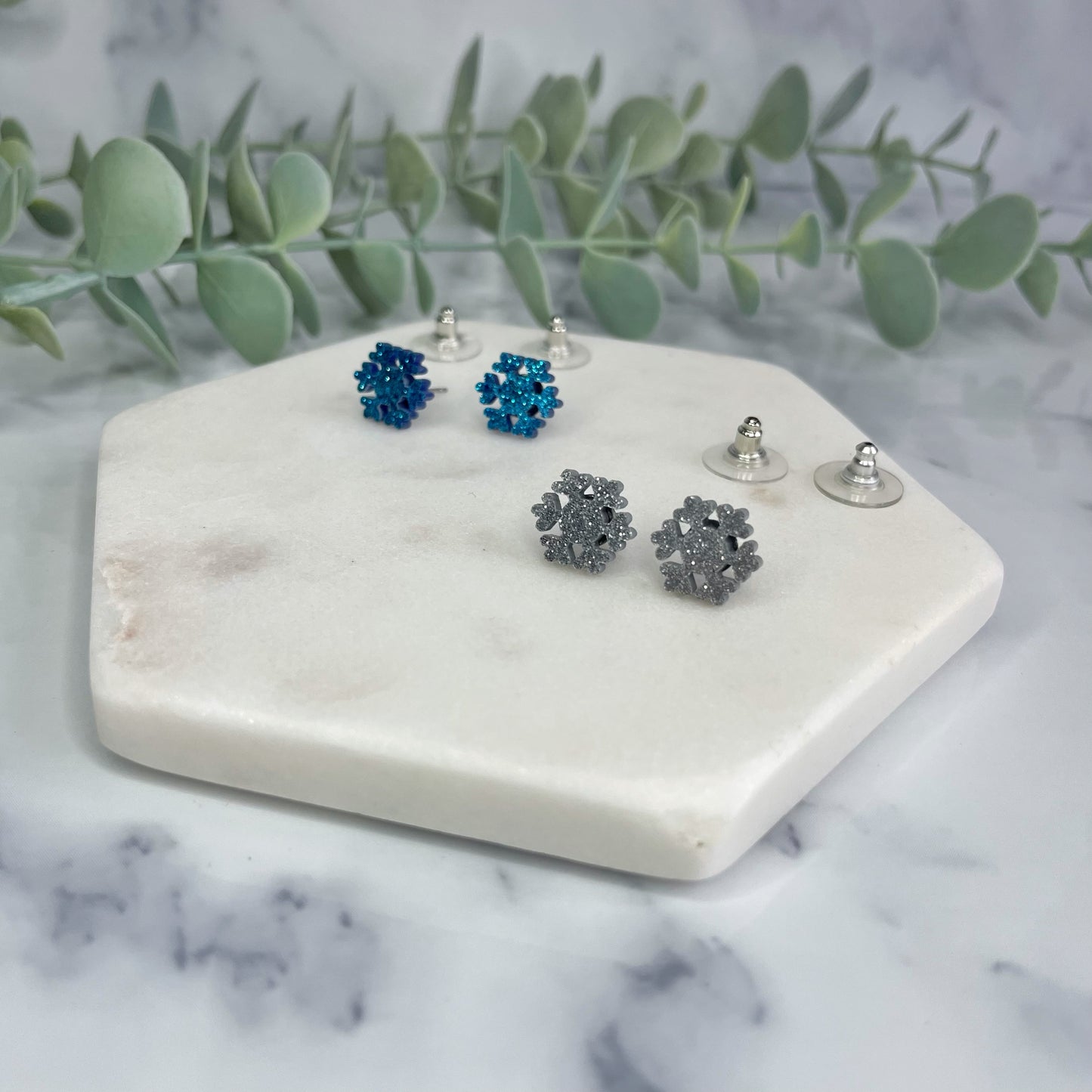 Blue and Silver Glitter Snowflake Studs