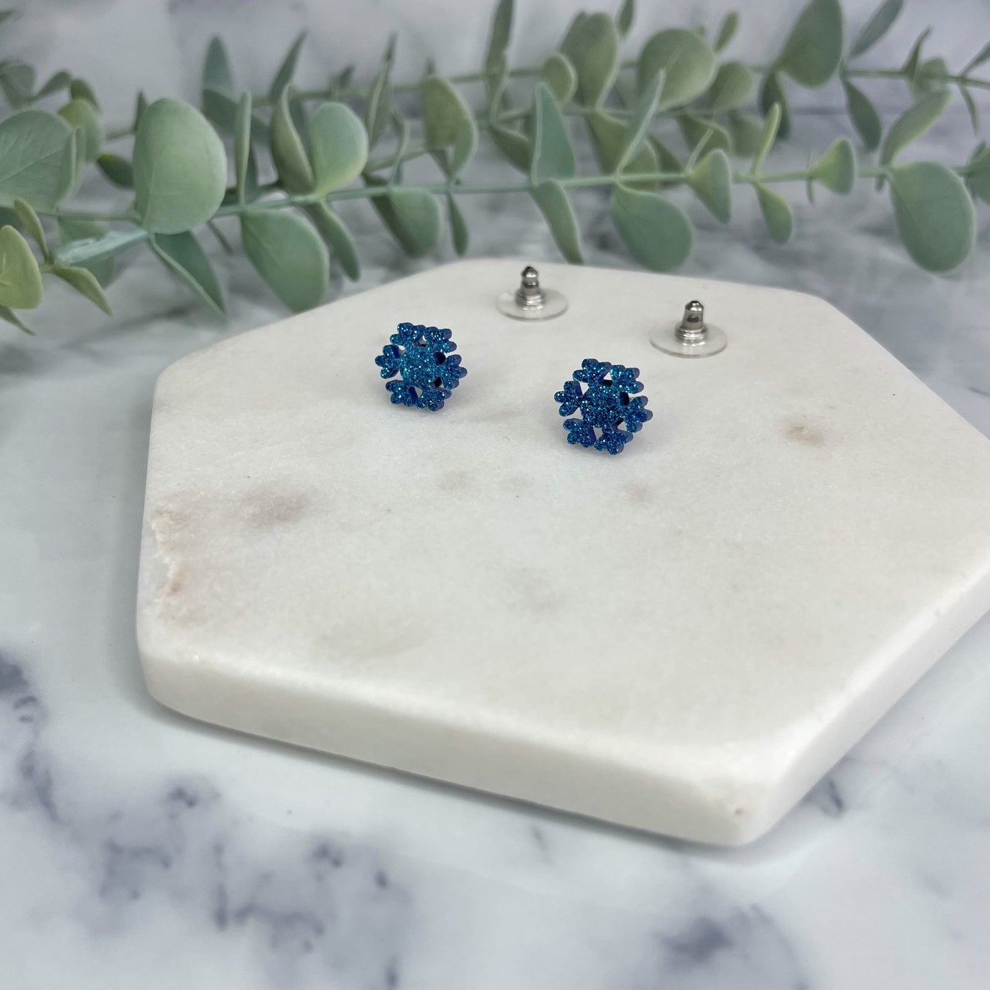 Blue Glitter Snowflake Studs