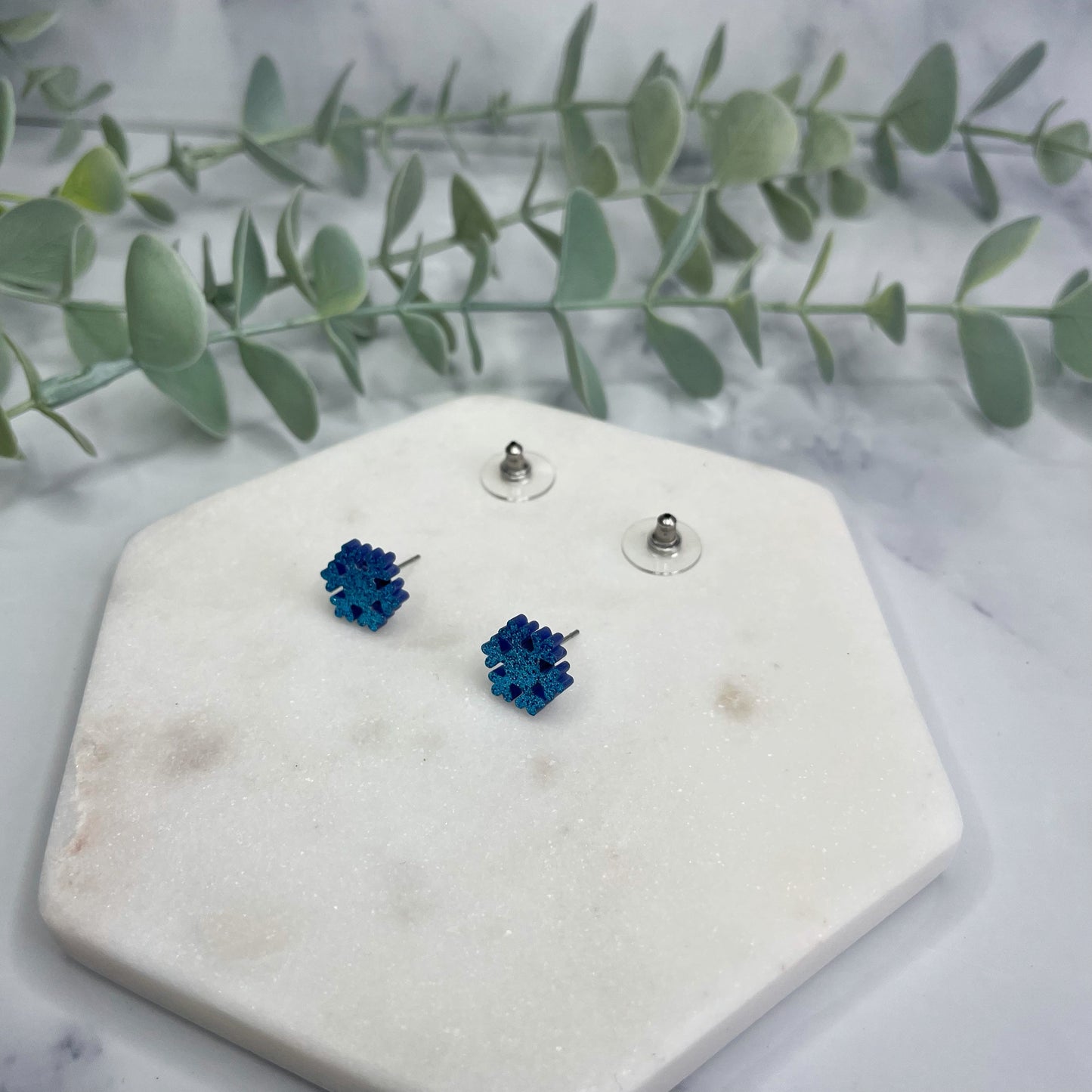 Blue Glitter Snowflake Studs