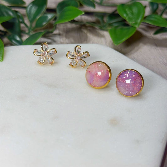 Gold Flower and Purple Marble Studs