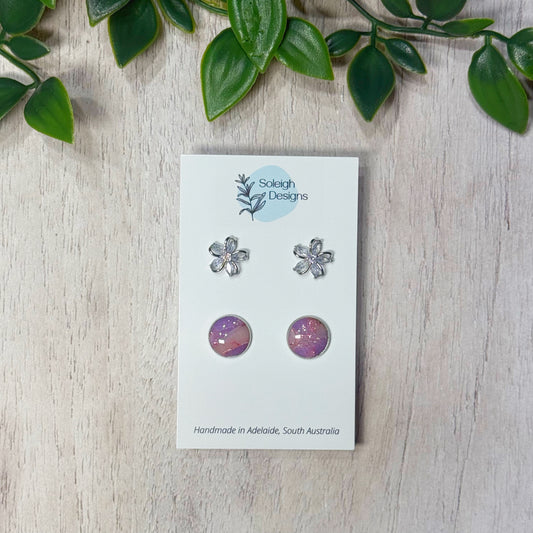Silver Flower and Purple Marble Studs