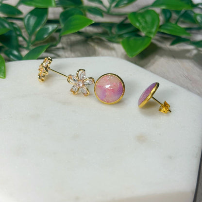 Gold Flower and Purple Marble Studs