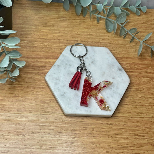 K Keyring - Red and Gold Glitter