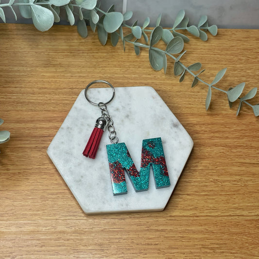 M Keyring - Green and Red Glitter