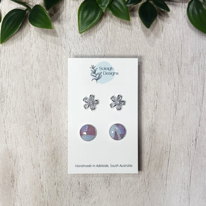Silver Flower and Blue Marble Studs