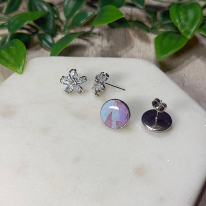 Silver Flower and Blue Marble Studs