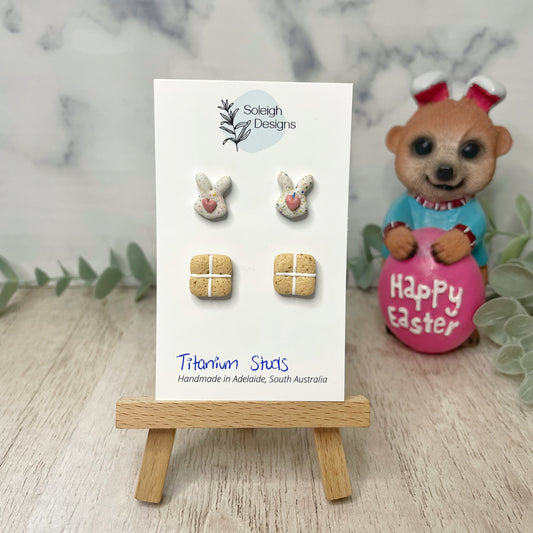 Funfetti Bunny and Hot Cross Bun Studs (Titanium Posts)