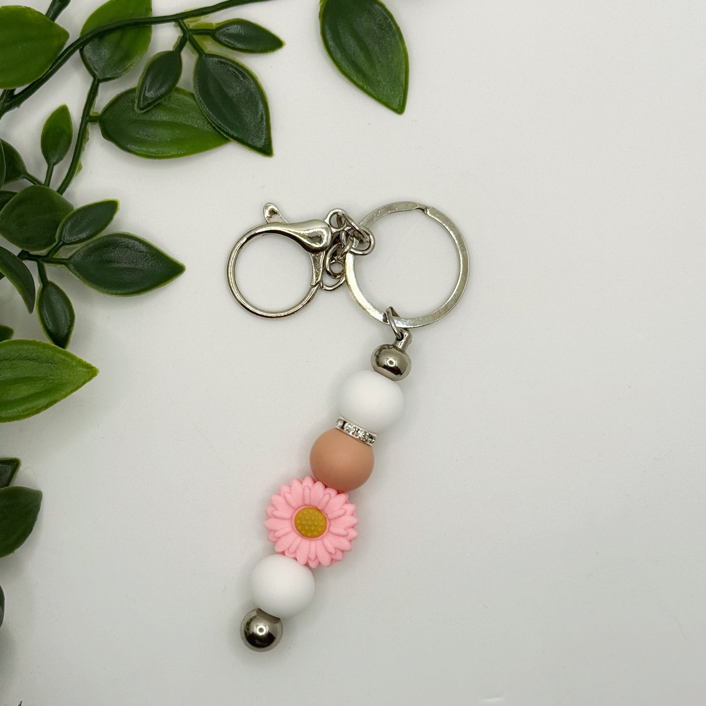 Pink Daisy Keyring - Silver Hardware