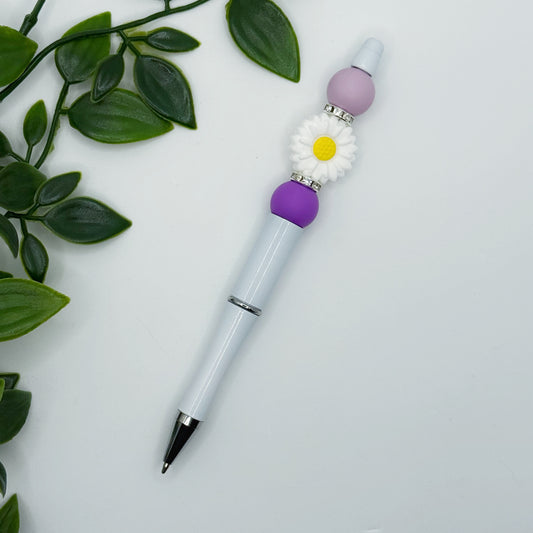 White Daisy - Purple Beads Pen