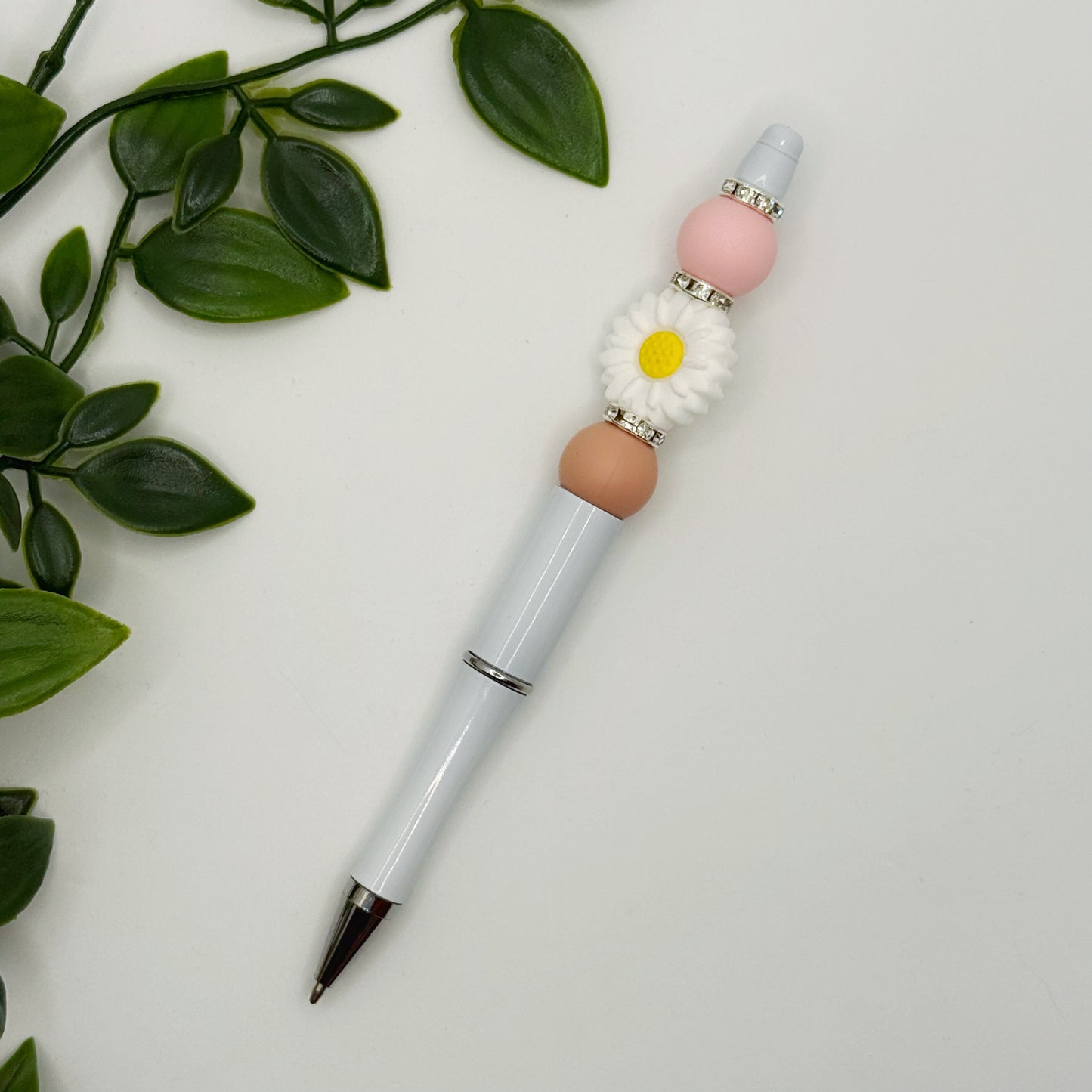 White Daisy - Pink Beads Pen