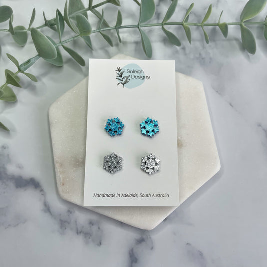 Blue and Silver Glitter Snowflake Studs